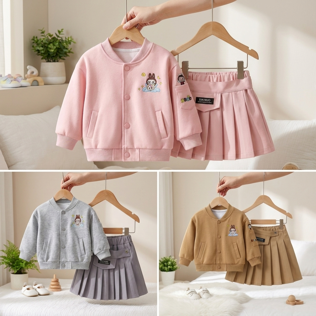 Girls Bomber Jacket & Pleated Skirt Set – 2 Piece Outfit (3 Colors)