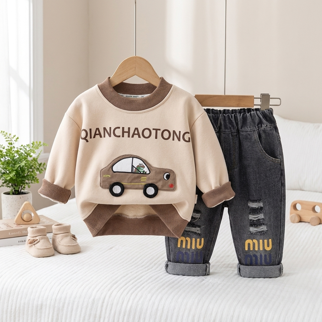 Boys Car Sweatshirt & Distressed Denim Jeans Set – 2 Piece