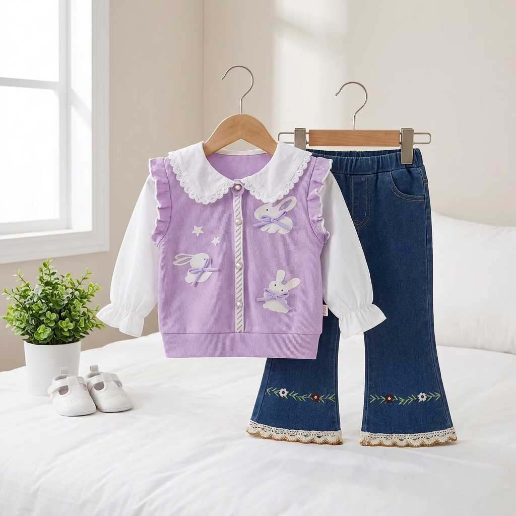 Girls Bunny Embroidered Top & Flare Jeans Set – 2 Piece Outfit