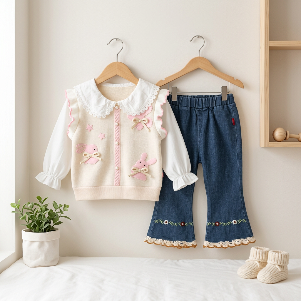 Girls Bunny Embroidered Top & Flare Jeans Set – 2 Piece Outfit