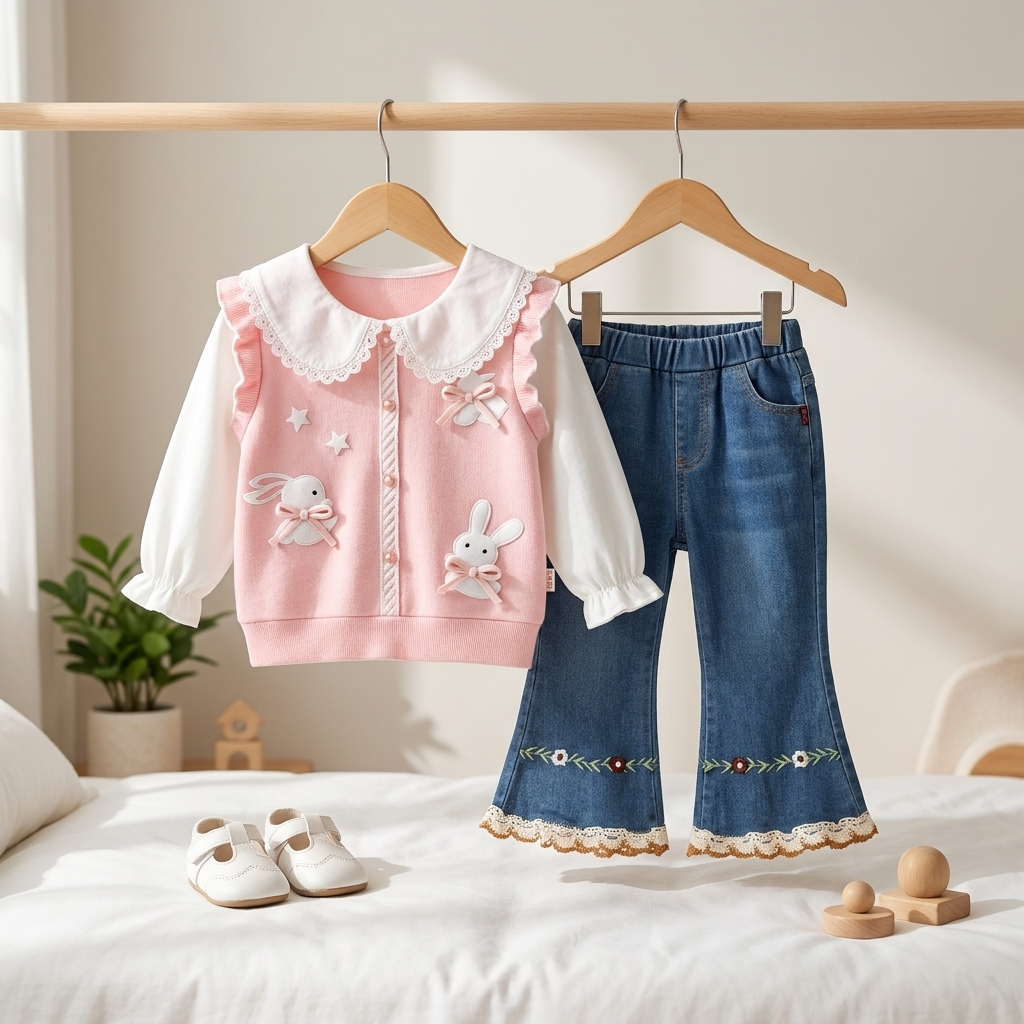 Girls Bunny Embroidered Top & Flare Jeans Set – 2 Piece Outfit