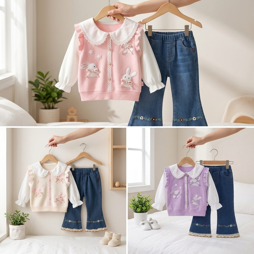 Girls Bunny Embroidered Top & Flare Jeans Set – 2 Piece Outfit