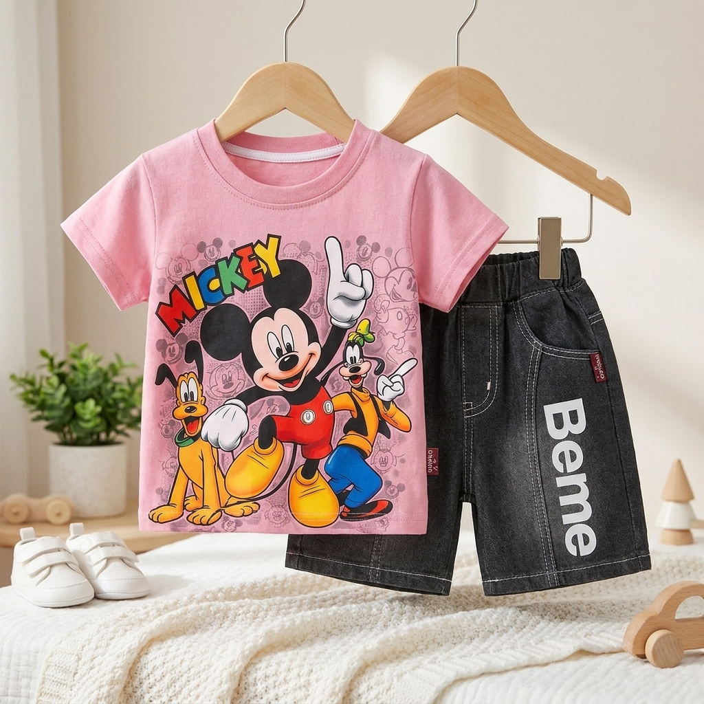 Kids Mickey Mouse T-Shirt & Denim Shorts Set – Pink