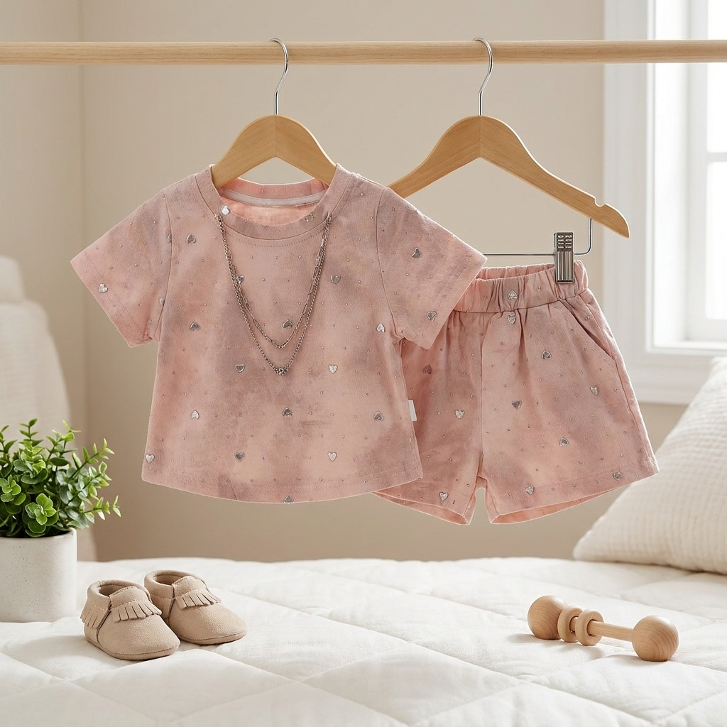 Girls Shimmer Heart Top & Shorts Set – 2 Piece