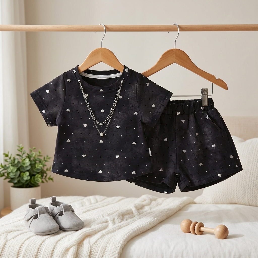 Girls Shimmer Heart Top & Shorts Set – 2 Piece