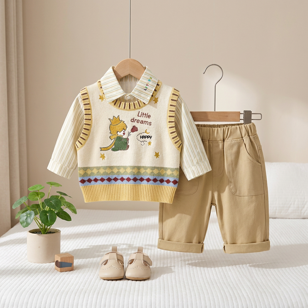 Little Dreams 4-Piece Baby Boy Shirt, Sweater Vest & Trouser Set