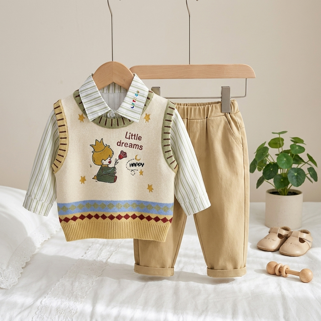 Little Dreams 4-Piece Baby Boy Shirt, Sweater Vest & Trouser Set
