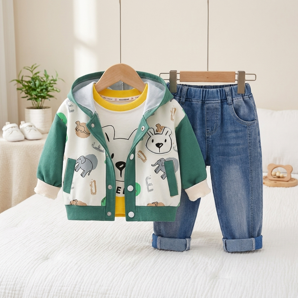 3-Piece Baby Bear Hooded Jacket & Denim Jeans Set