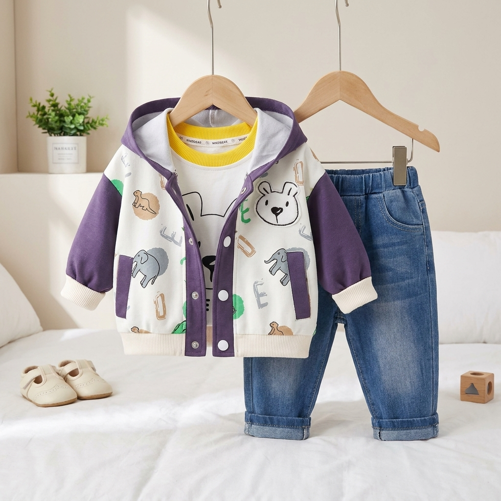 3-Piece Baby Bear Hooded Jacket & Denim Jeans Set