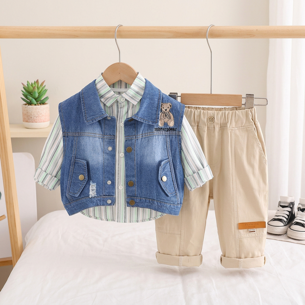 3-Piece Baby Boy Denim Vest, Shirt & Trouser Set