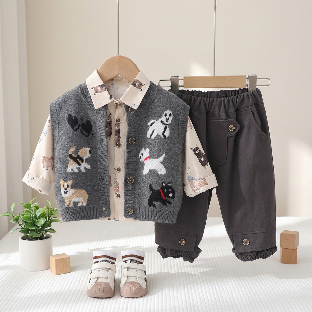 Puppy Knit Vest, Shirt & Trouser Set