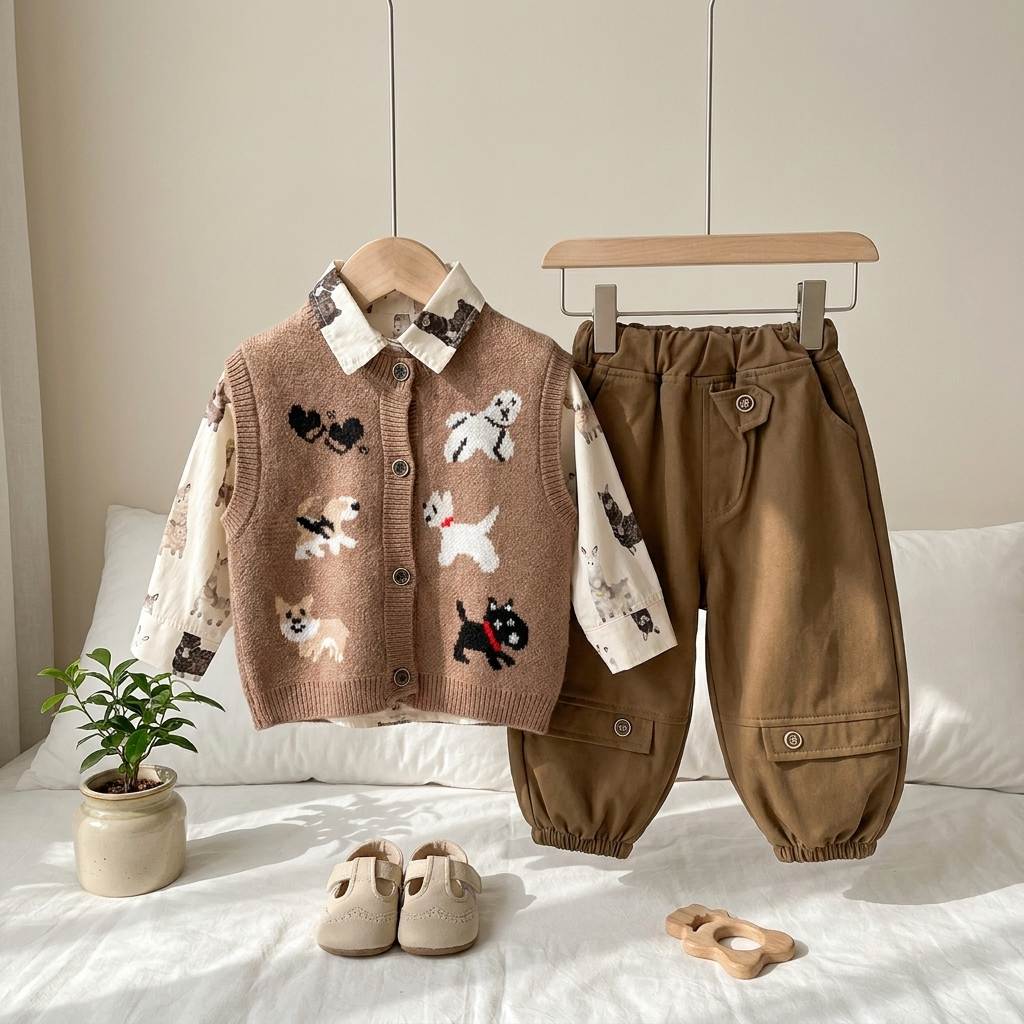 Puppy Knit Vest, Shirt & Trouser Set