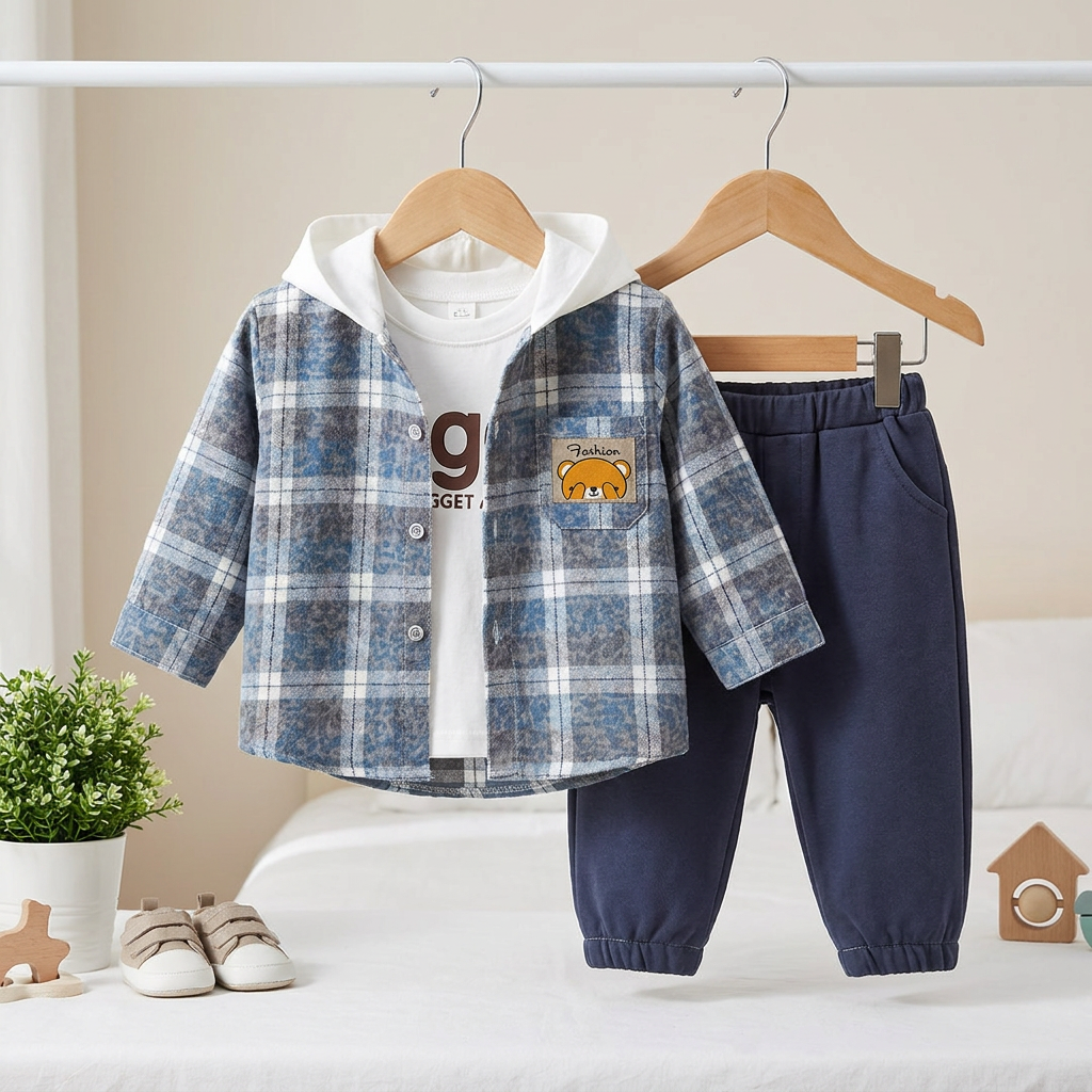 3-Piece Baby Boy Plaid Hooded Jacket Set