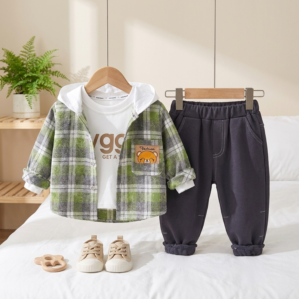 3-Piece Baby Boy Plaid Hooded Jacket Set