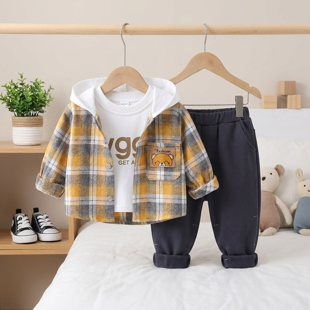 3-Piece Baby Boy Plaid Hooded Jacket Set