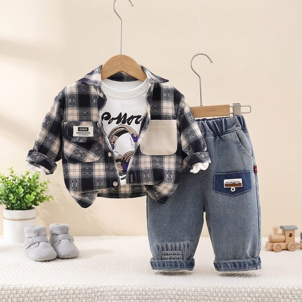 3-Piece Baby Boy Plaid Shirt & Denim Pants Set