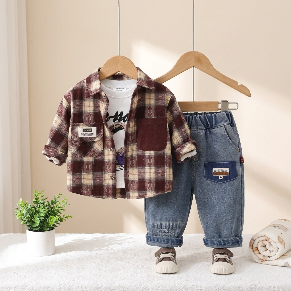 3-Piece Baby Boy Plaid Shirt & Denim Pants Set