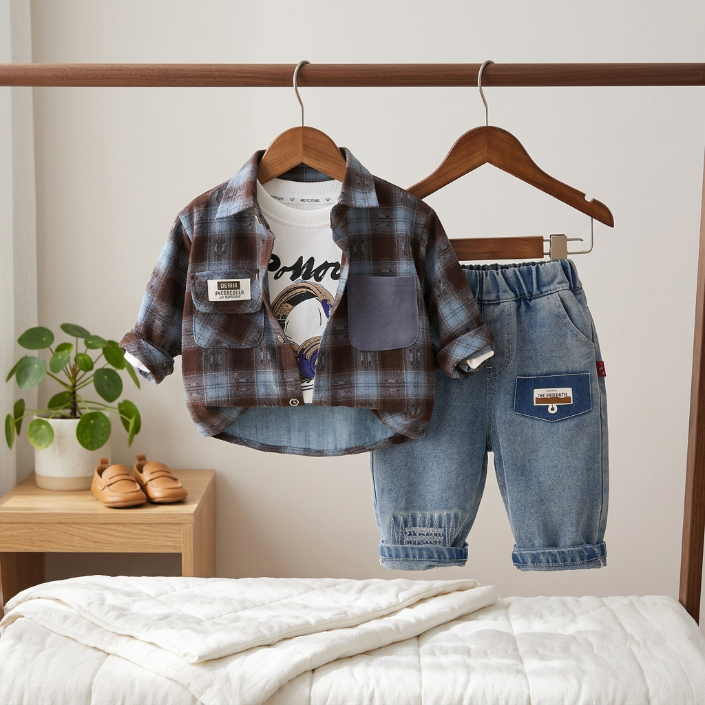 3-Piece Baby Boy Plaid Shirt & Denim Pants Set
