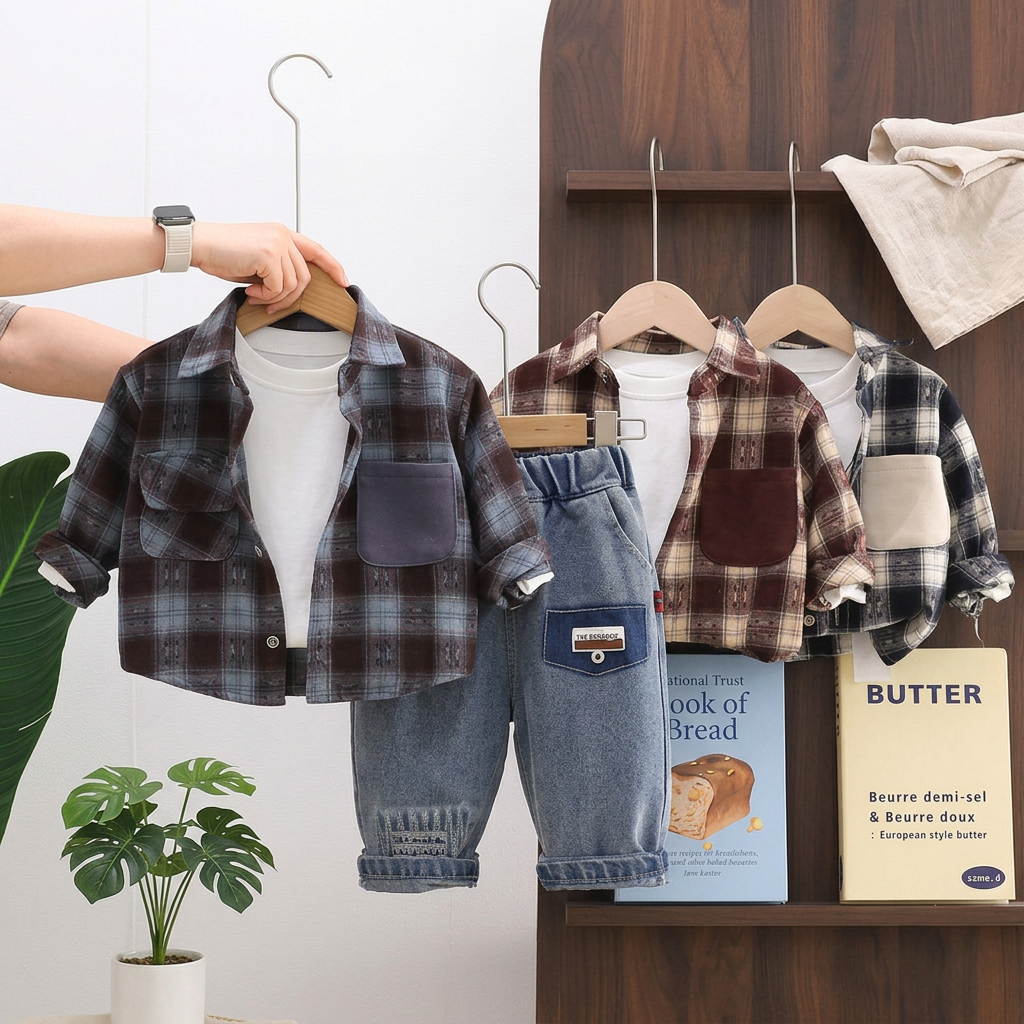 3-Piece Baby Boy Plaid Shirt & Denim Pants Set