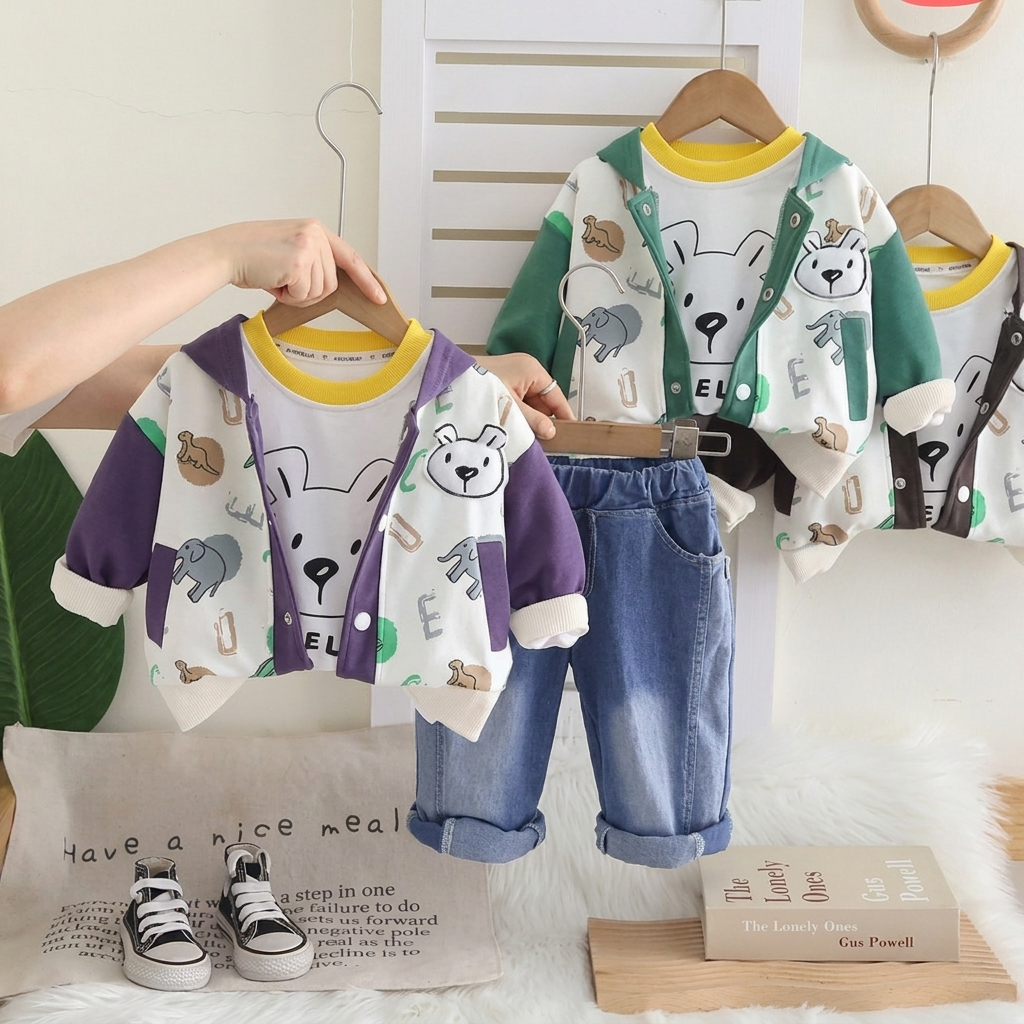3-Piece Baby Bear Hooded Jacket & Denim Jeans Set