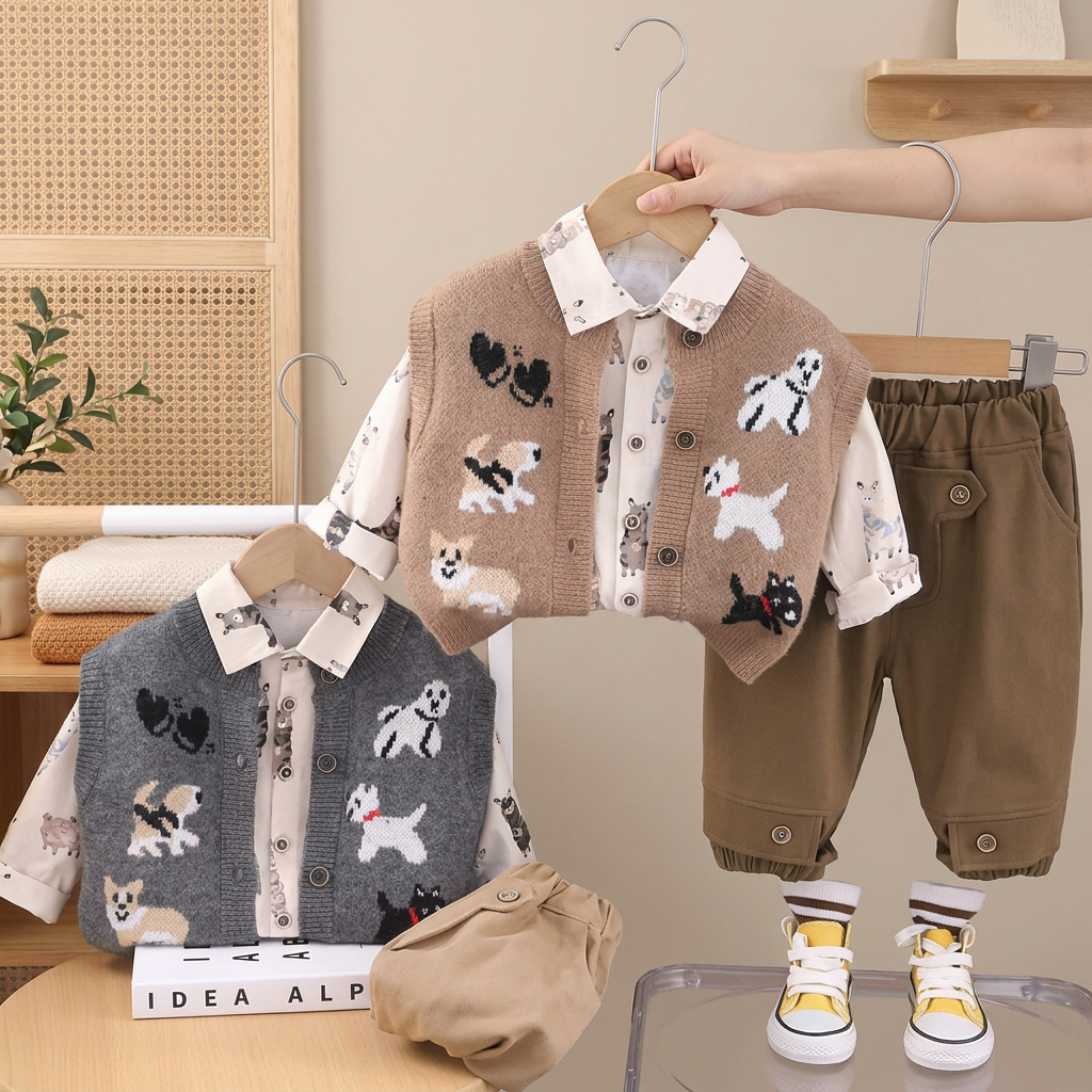 Puppy Knit Vest, Shirt & Trouser Set