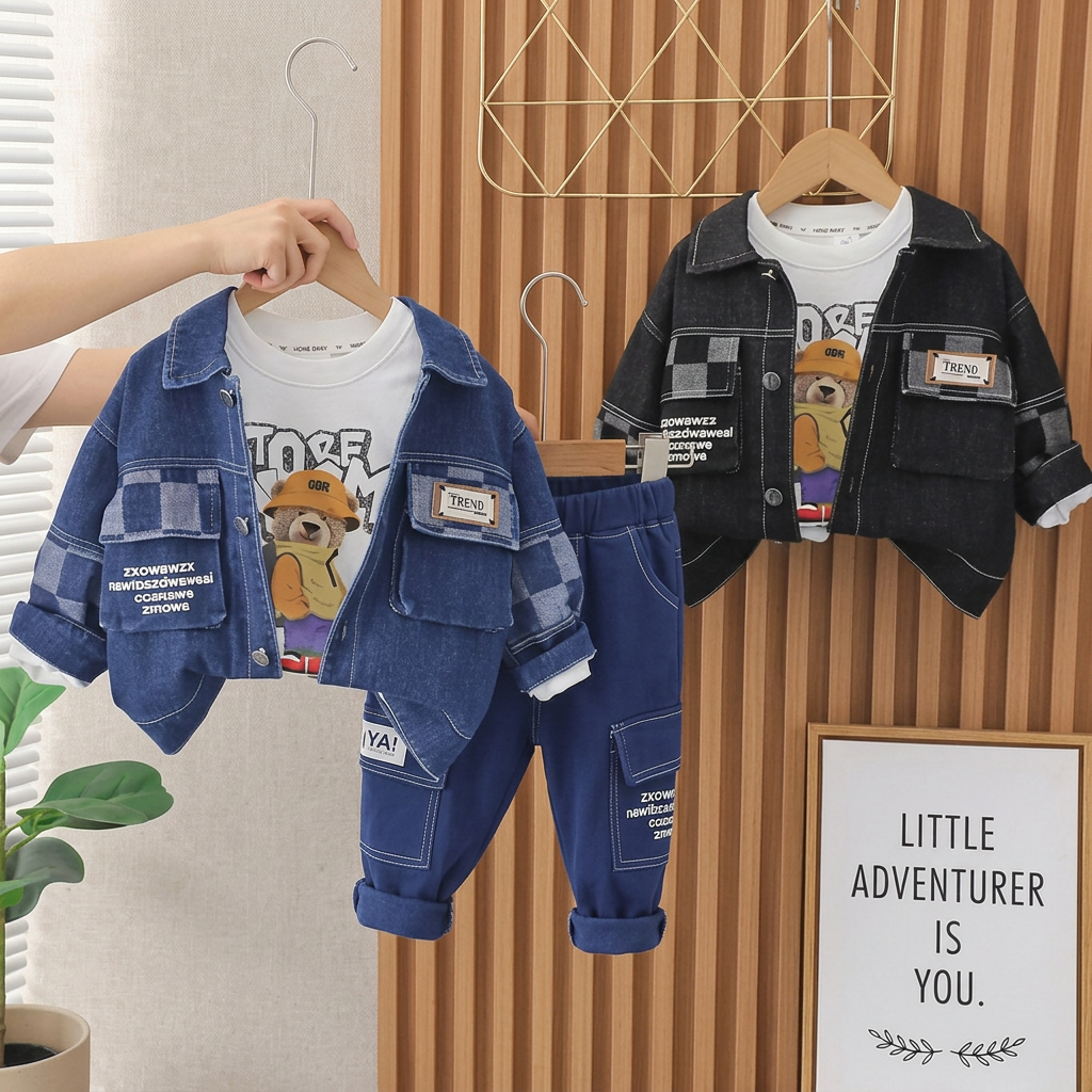3-Piece Baby Boy Denim Jacket Outfit Set