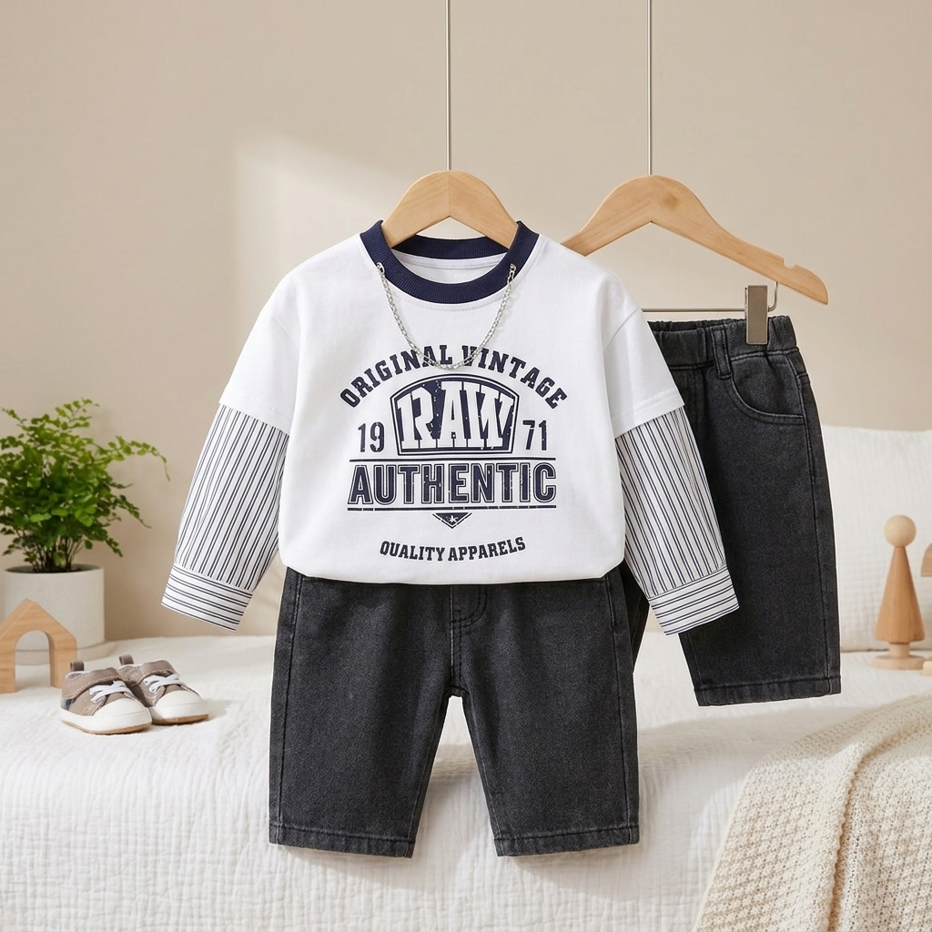 2-Piece Vintage Layered T-Shirt & Denim Jeans Set