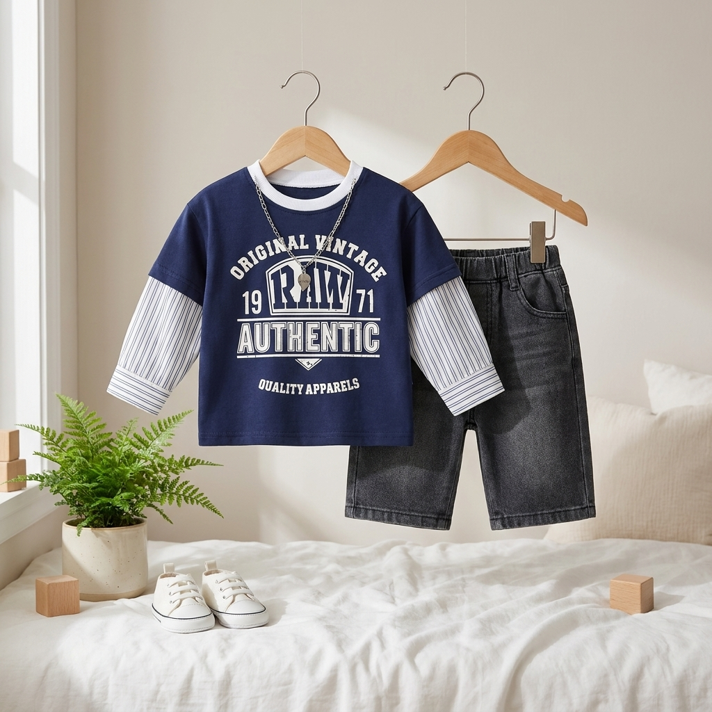 2-Piece Vintage Layered T-Shirt & Denim Jeans Set