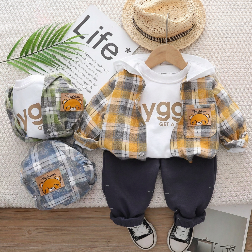 3-Piece Baby Boy Plaid Hooded Jacket Set