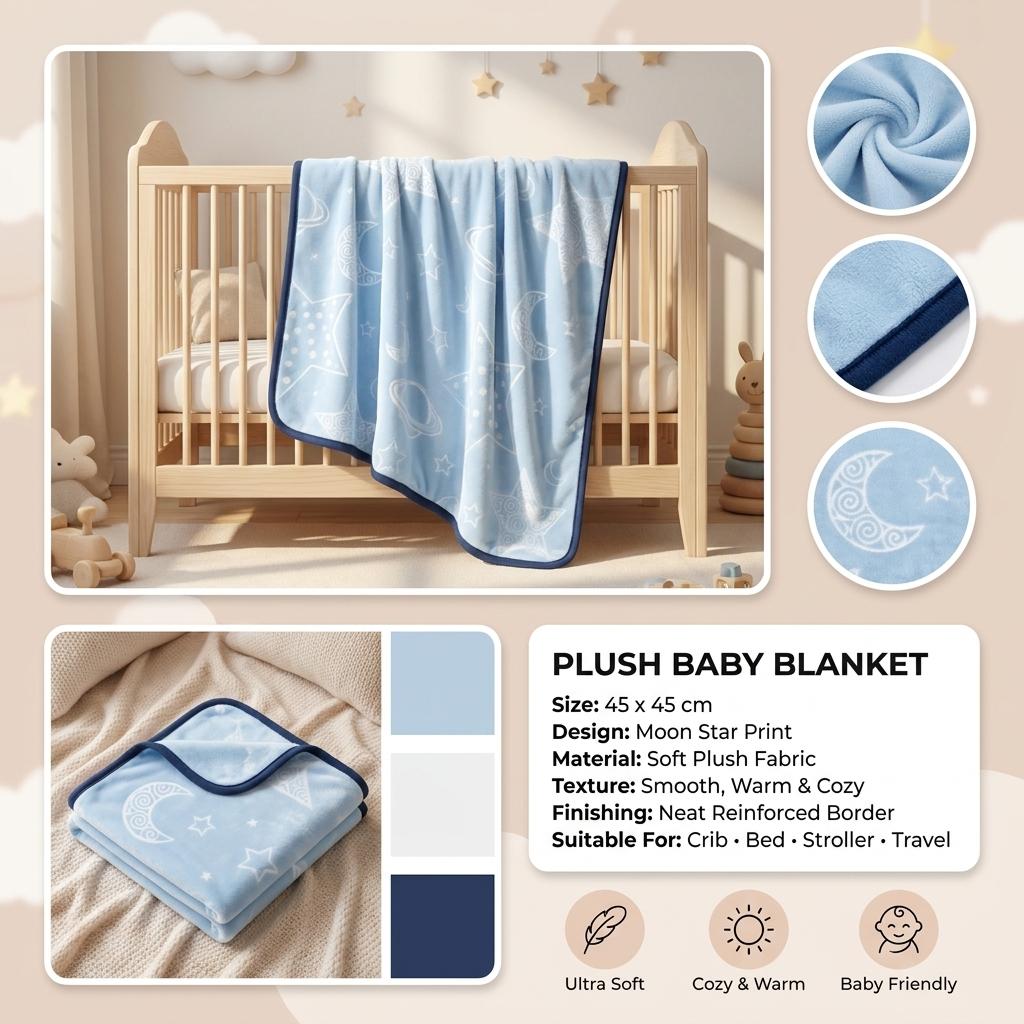 Plush Moon & Star Baby Blanket – Sky Blue (1–4 Years)