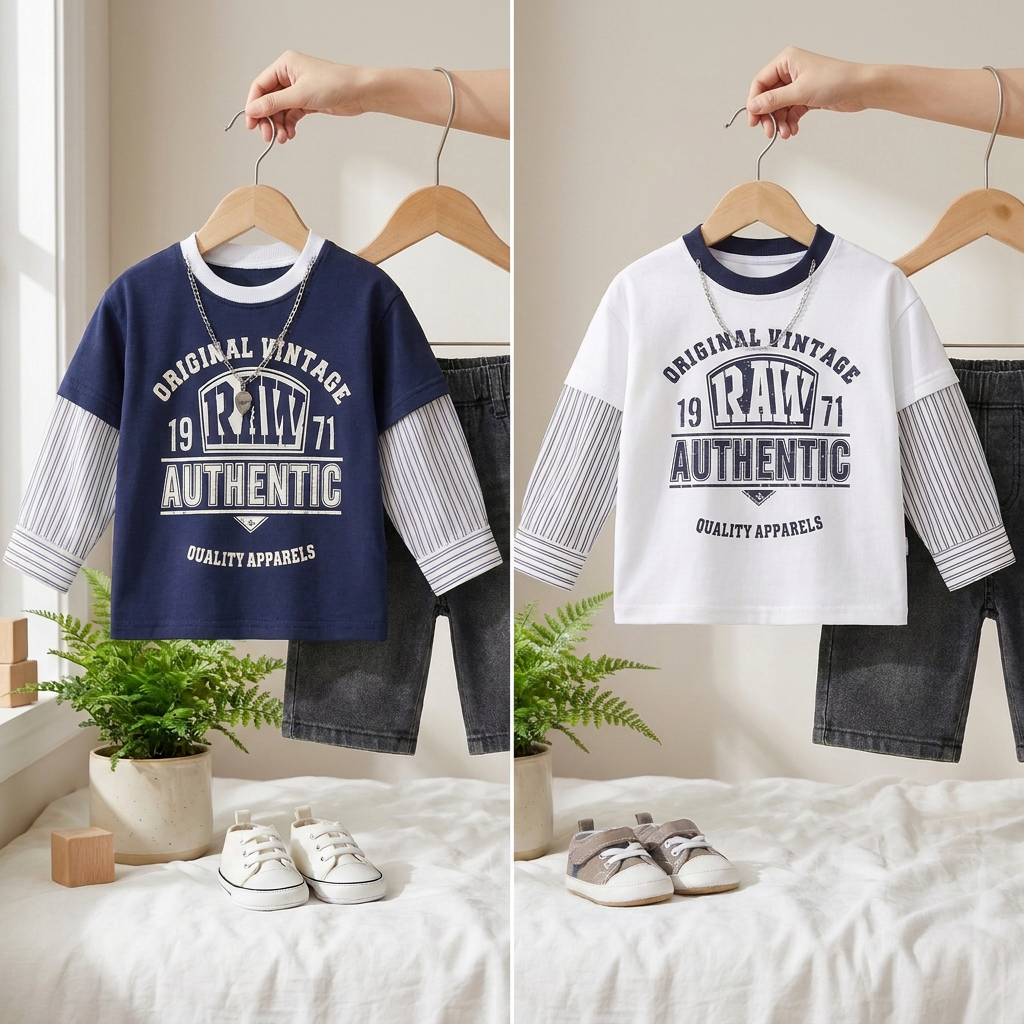 2-Piece Vintage Layered T-Shirt & Denim Jeans Set
