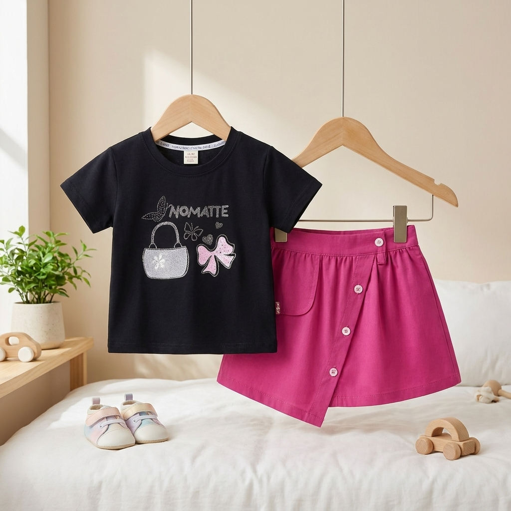 Girls Graphic T-Shirt & Button Skort 2-Piece Set