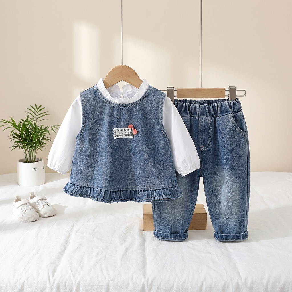 Baby Girl Denim Pinafore & Jeans 3-Piece Outfit Set