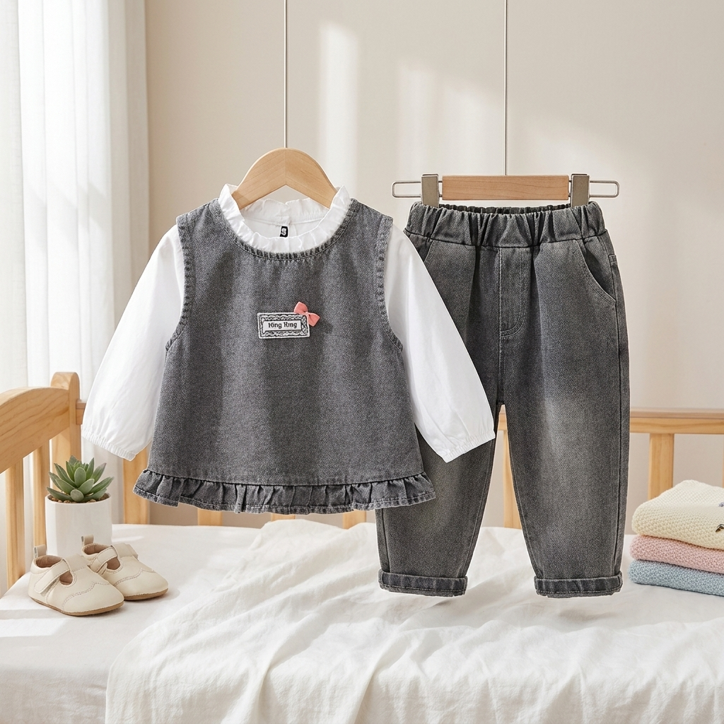 Baby Girl Denim Pinafore & Jeans 3-Piece Outfit Set