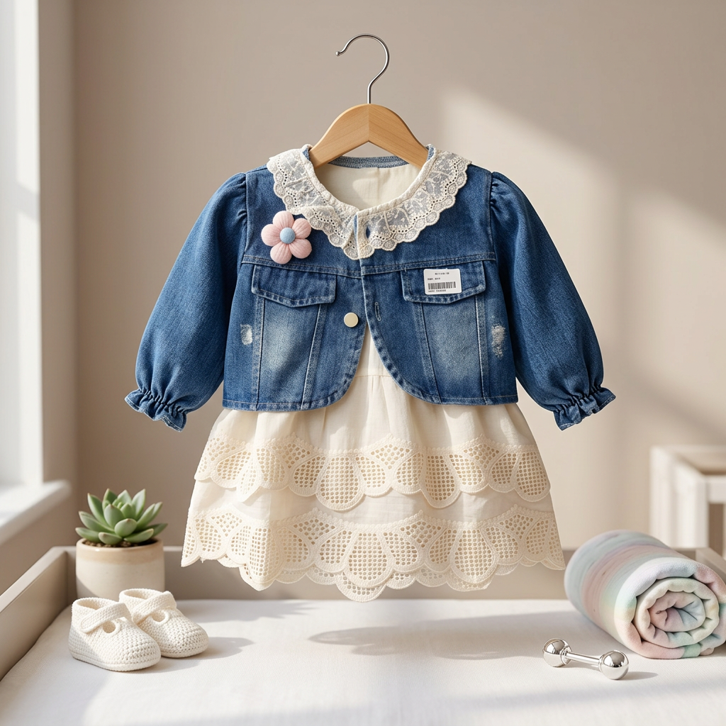 Baby Girl Lace Dress with Denim Jacket Set