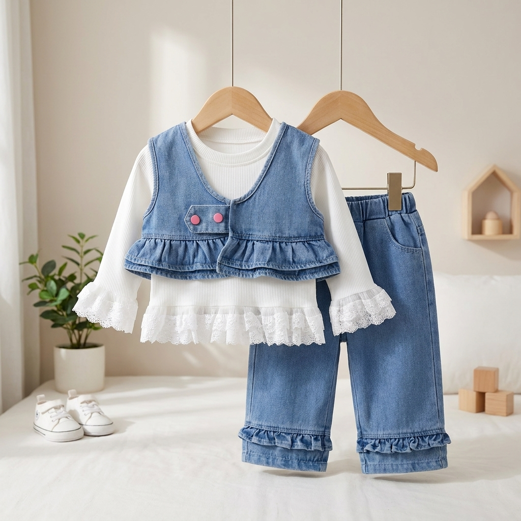 Baby Girl Butterfly Denim Top & Pants 3-Piece Outfit Set