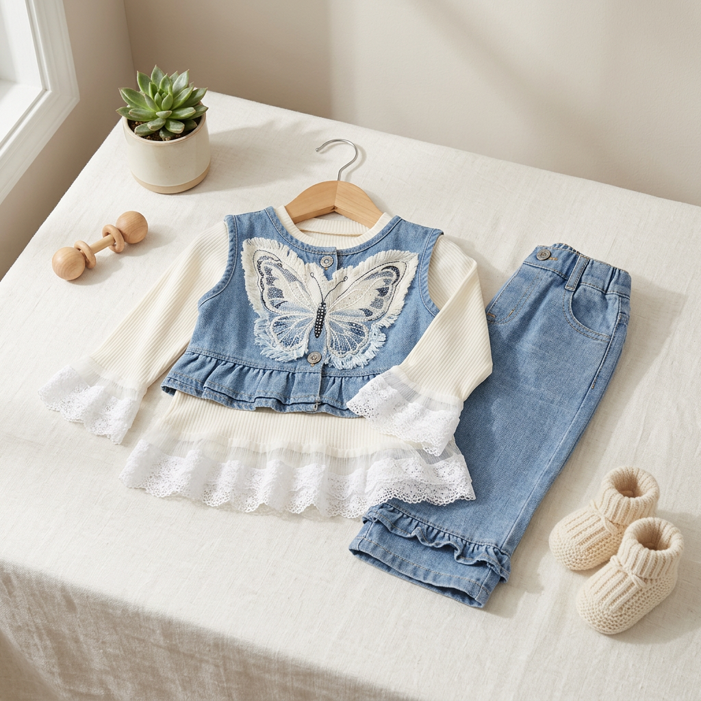 Baby Girl Butterfly Denim Top & Pants 3-Piece Outfit Set