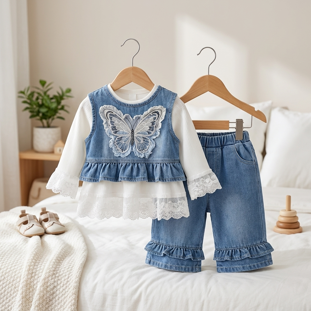 Baby Girl Butterfly Denim Top & Pants 3-Piece Outfit Set