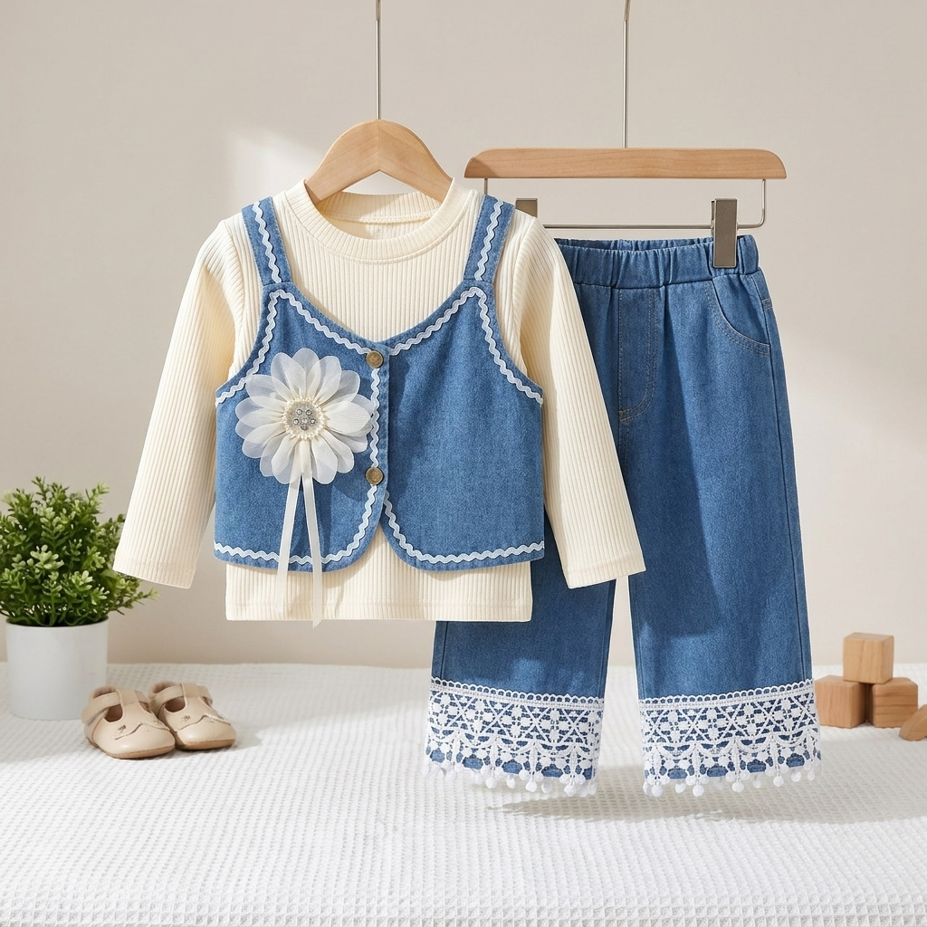 Baby Girl Denim Vest & Lace Hem Pants 3-Piece Outfit Set