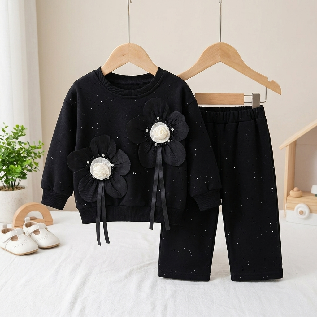 Baby Girl 3D Floral Sweatshirt & Pants 2-Piece Outfit Set