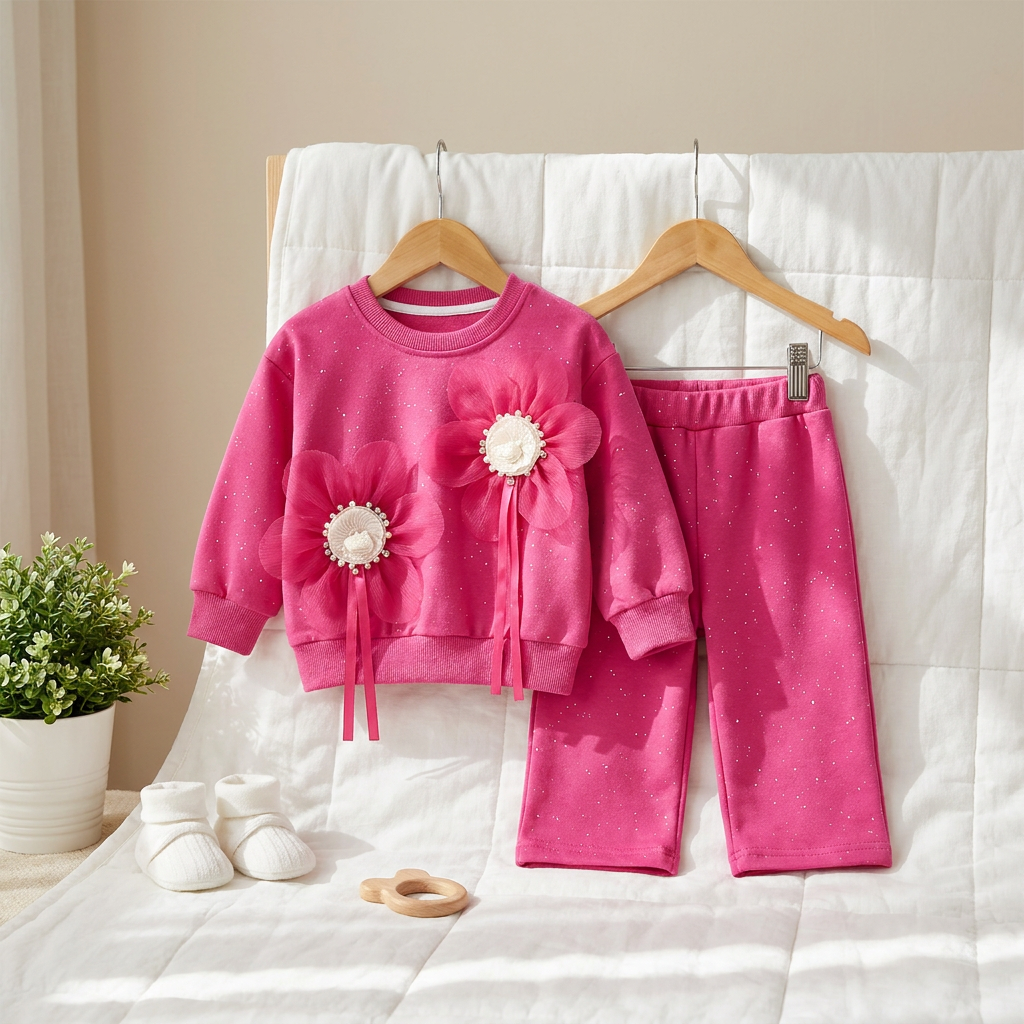 Baby Girl 3D Floral Sweatshirt & Pants 2-Piece Outfit Set