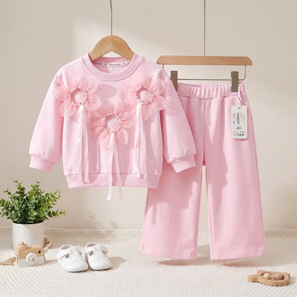 Baby Girl 3D Floral Sweatshirt & Wide Leg Pants 2-Piece Outfit Set