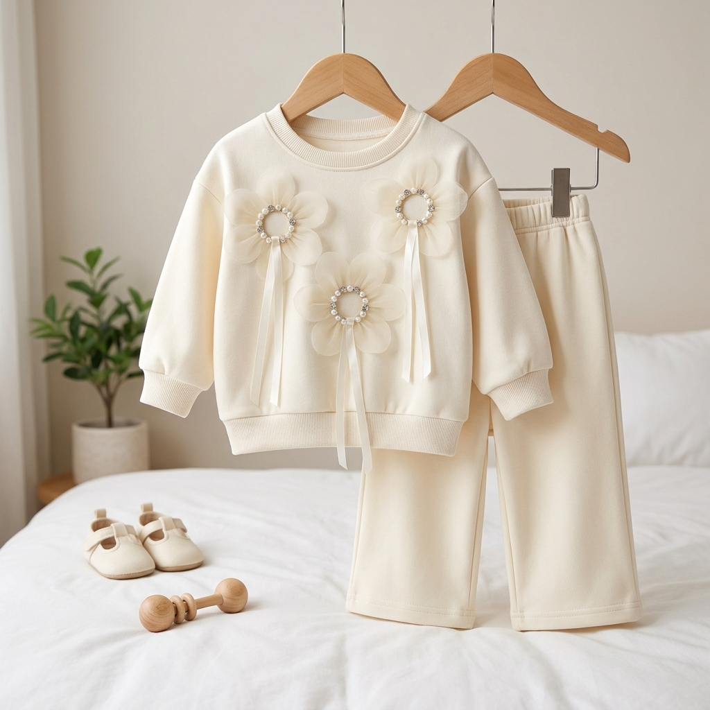 Baby Girl 3D Floral Sweatshirt & Wide Leg Pants 2-Piece Outfit Set