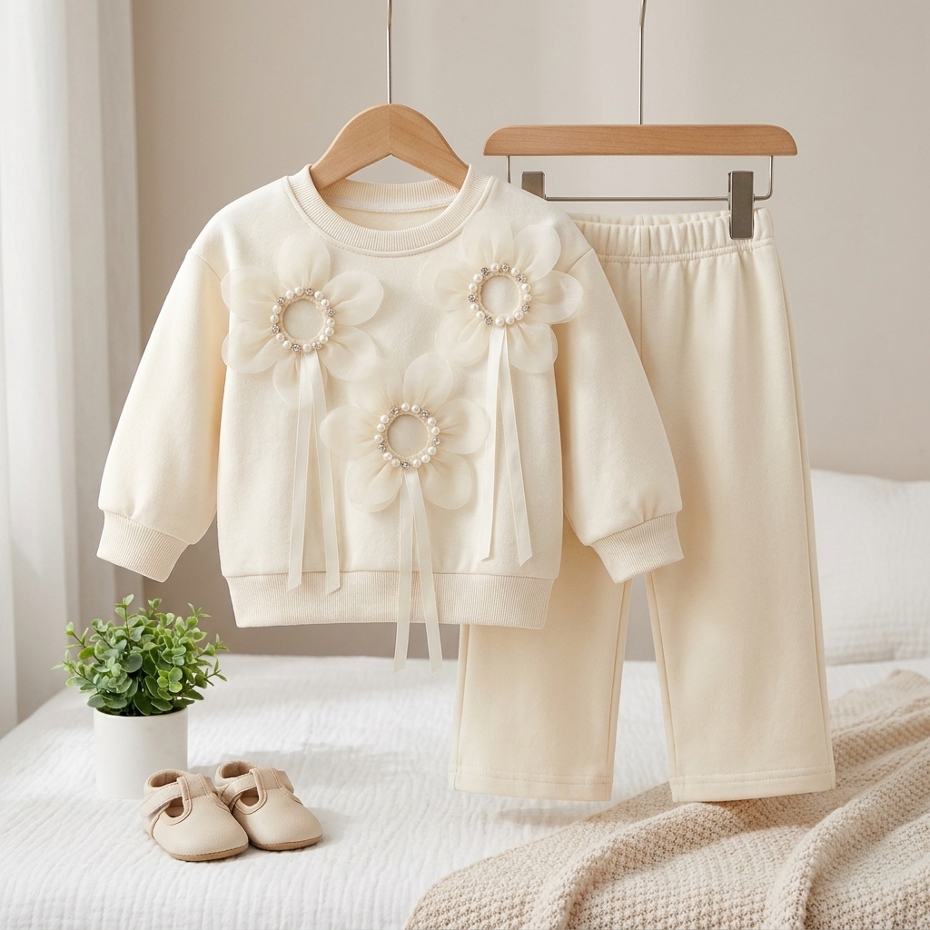 Baby Girl 3D Floral Sweatshirt & Wide Leg Pants 2-Piece Outfit Set
