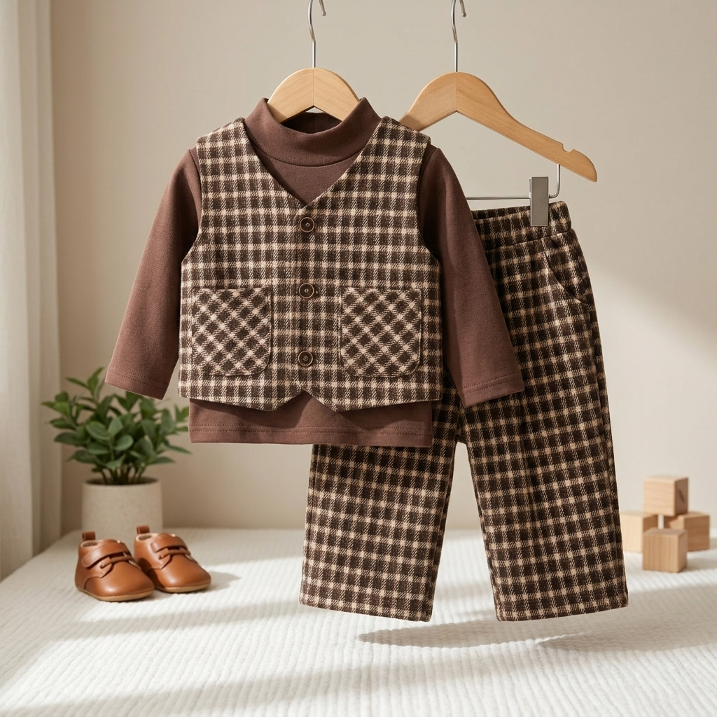 Kids Plaid Vest & Wide-Leg Pants 3-Piece Outfit Set