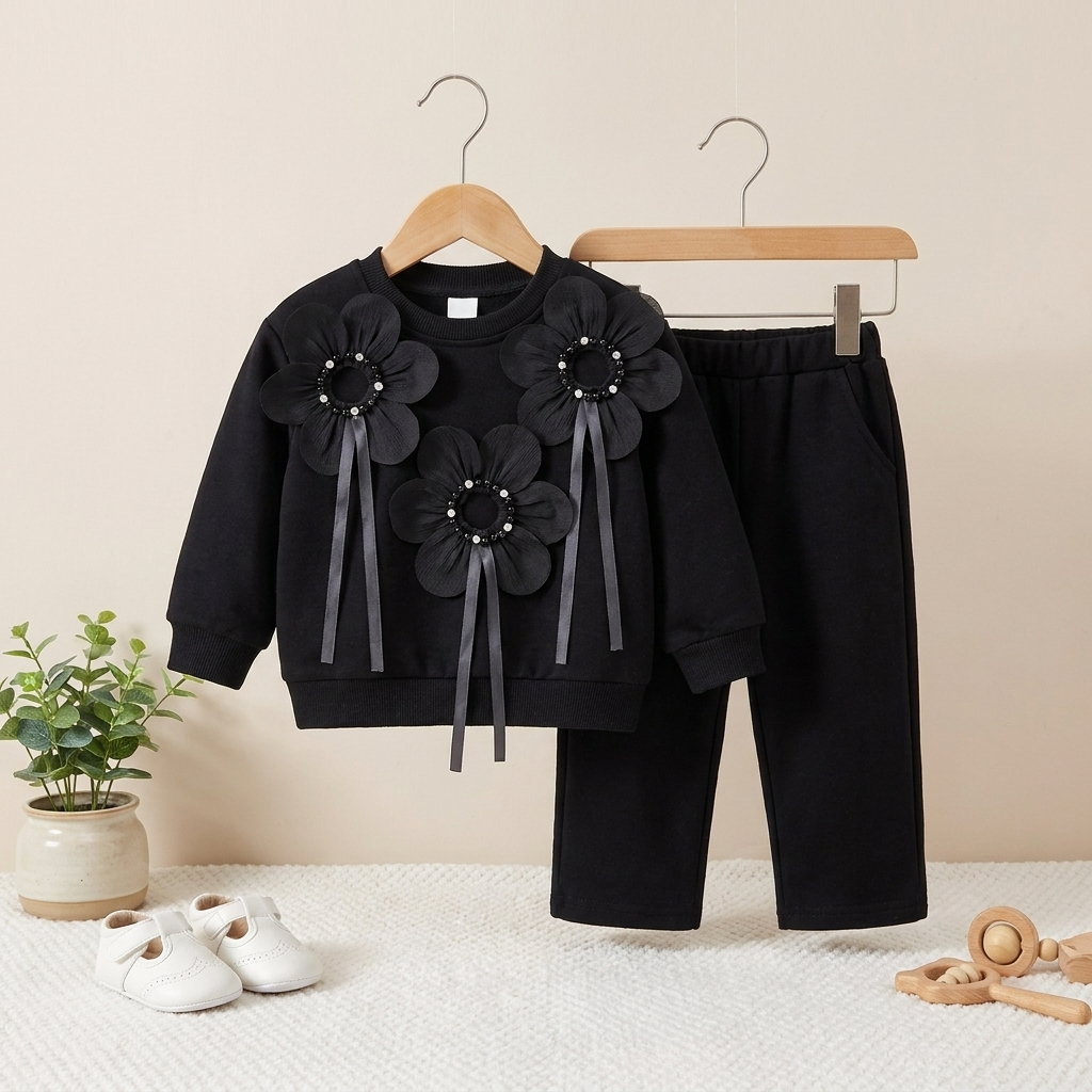 Baby Girl 3D Floral Sweatshirt & Wide Leg Pants 2-Piece Outfit Set