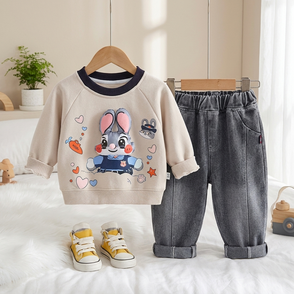 Kids Bunny Print Sweatshirt & Denim Pants 2-Piece Outfit