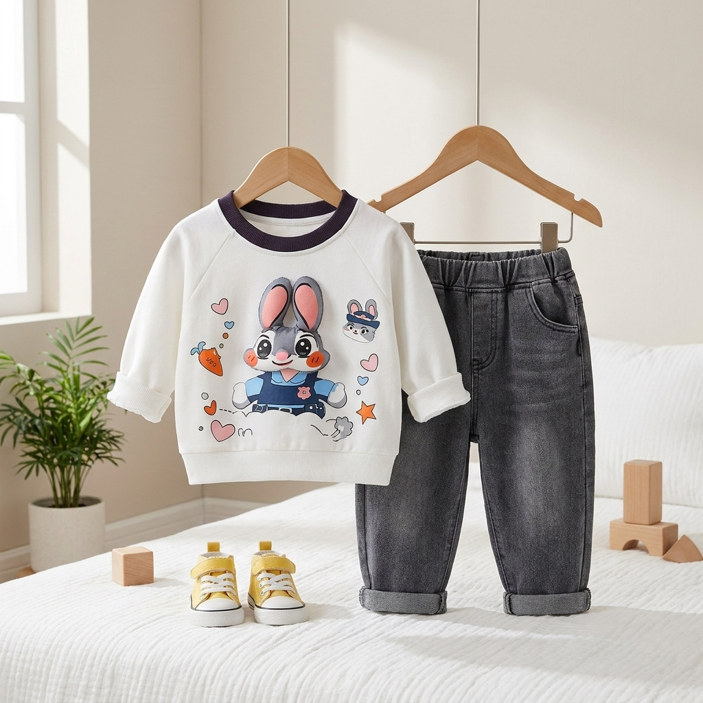Kids Bunny Print Sweatshirt & Denim Pants 2-Piece Outfit