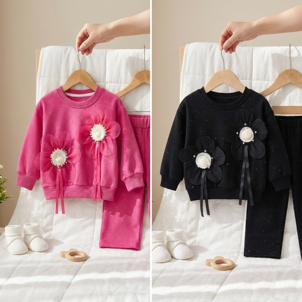 Baby Girl 3D Floral Sweatshirt & Pants 2-Piece Outfit Set