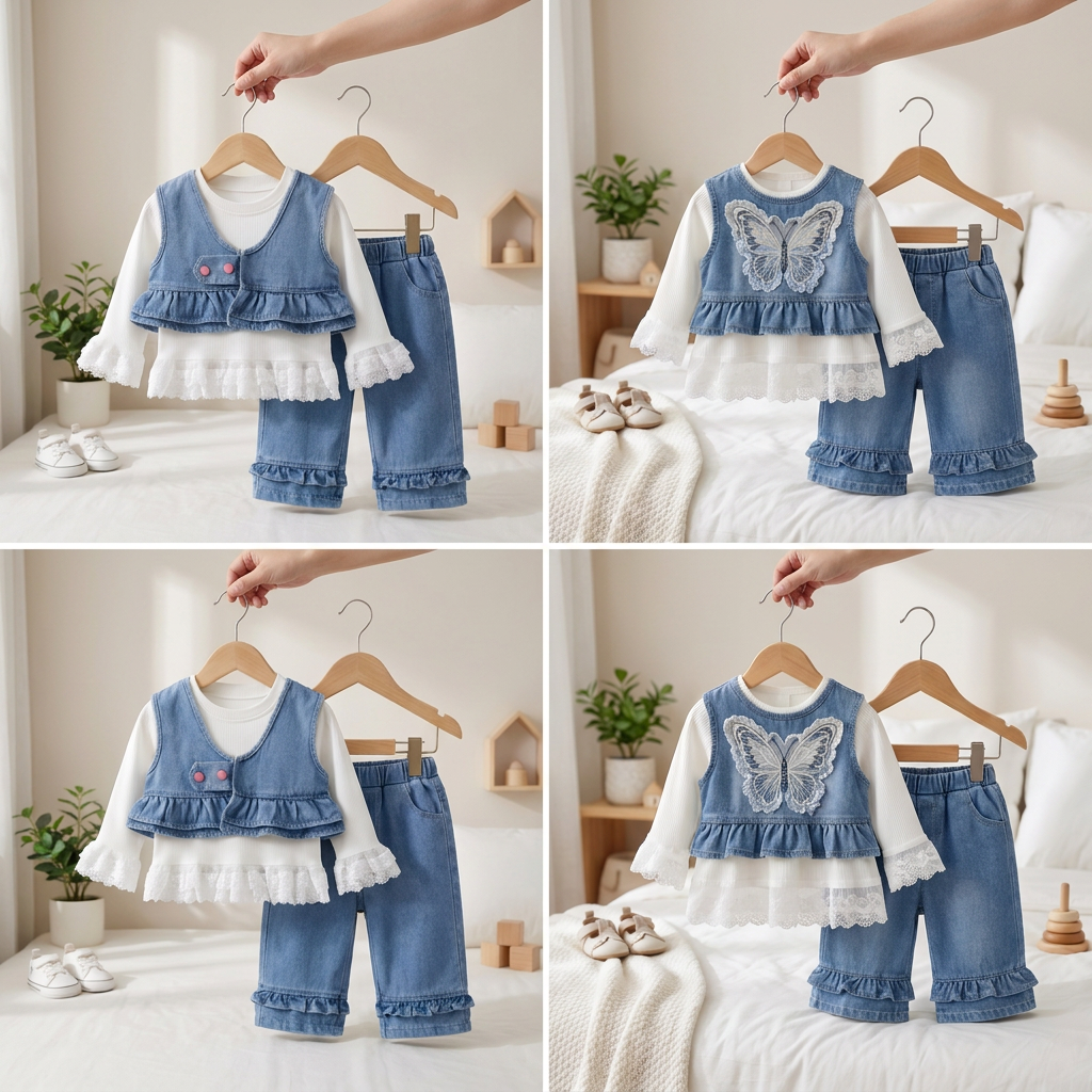 Baby Girl Butterfly Denim Top & Pants 3-Piece Outfit Set